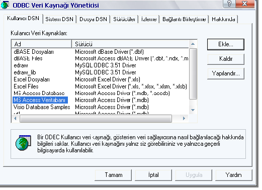 Resim 2.21: ODBC paylaşımı açma Veri kaynağı adına bir isim verilir ve seç düğmesine basılarak bağlantı kurulacak veri tabanı (biraz önce oluşturulan Access veri tabanı) bulunur. Tamam denilir.