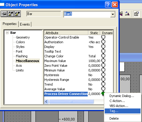 doluluk seviyesini hareketlendirmelidir. Sağ-alt pencerede "Process Driver Connection"ın yanındaki saydam ampül simgesini sağ tıklayınız. Açılır menüde "Tag"i seçiniz. Resim 1.
