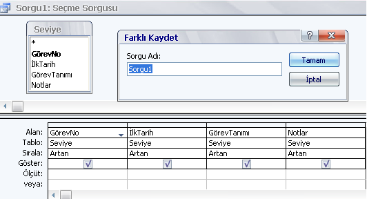 Resim 2.15: Soru alanlarının seçimi Sırala satırına işlem sonucu verilerin düzeni ve ölçüt satırında ise -varsa- sorgu için gerekli şartlar girilir. Daha sonra sorgu bir isim verilerek kaydedilir.