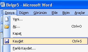 1.4. Belge Açma, Kayıt İşlemleri 1.4.1. Yeni belge açma Microsoft Word de yeni belge açmak için, 1. Yol Dosya > Yeni tıklanılabilir. 2. Yol Araç çubuğundan Yeni Boş Belge simgesi de seçilebilir. 1.4.2. Belgeyi Kaydetme Microsoft Word de belgeyi kaydetmek için, 1.