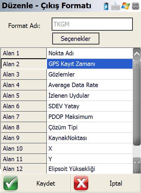 tanımlar ve genellikle boşluk seçilmelidir. Encoding dosya veri yapısını tanımlar ve ANSI olarak kalmalıdır. Açı formatı totalstation cihazları için geçerli bir tanımdır.