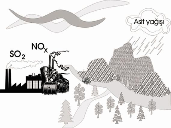 H 2 O + NO 2 > HNO 3 (nitrik asit) olarak yere düşerler. Bu tepkime sonucunda sülfürik asit ve nitrik asit damlaları oluşur. Güneş ışığı bu tepkimelerin hızını artırır.