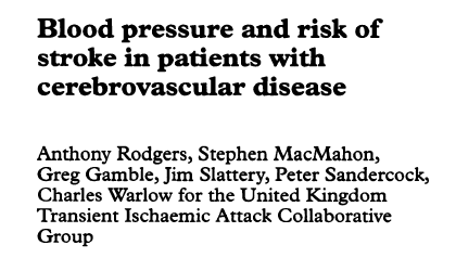 The United Kingdom Transient Ischaemic Attack trial 2435 hasta (GİA, amarozis fugax veya minör inme), 4 yıllık takip Hastalar bazal KB değerlerine göre gruplara ayrılıyor; DKB için 79, 80-89, 90-99,