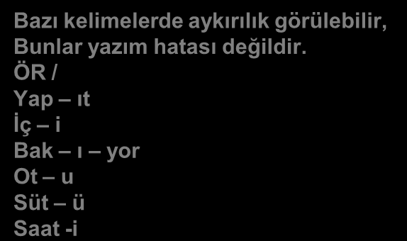 SES BİLGİSİ 1. Ünlü Düşmesi İleri le -İlerle Türeme Sızı la -Sızla sırasında Kıvır ıl -Kıvrıl düştü Yumurta la -Yumurtla Akıl ı -Aklı Çekim eki Gönül ü -Gönlü aldığında Fetih i -Fethi düştü 3.