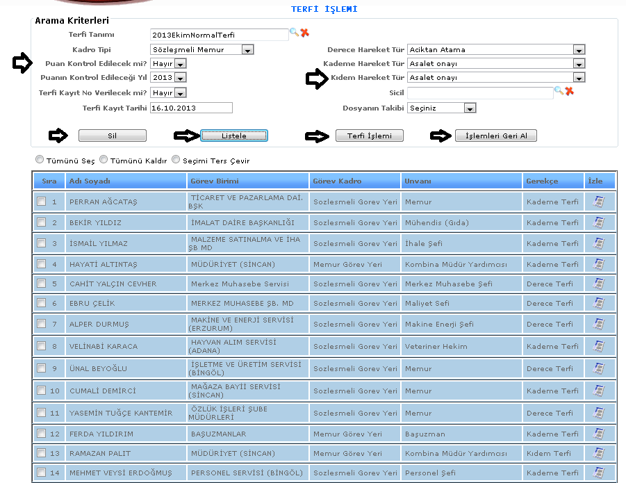 ŞEKİL 1 1- Listele: Sistemde kayıtlı olan kişilerin terfi tanımı, kadro tipi, terfi kayıt tarihi vb.