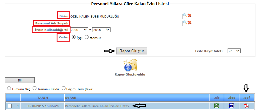 Şekil 2 Personel aylık mesailer raporunda; birim adı, tc, personel, aylara göre mesailer ve