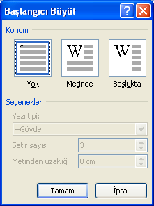 Başlangıcı büyüt penceresi Konum seçeneği ile başlangıç harfinin bulunacağı konumu, satır sayısı ile başlangıç harfinin kaç satıra denk geleceğini, metinden uzaklığı seçeneği ile de büyüteceğimiz