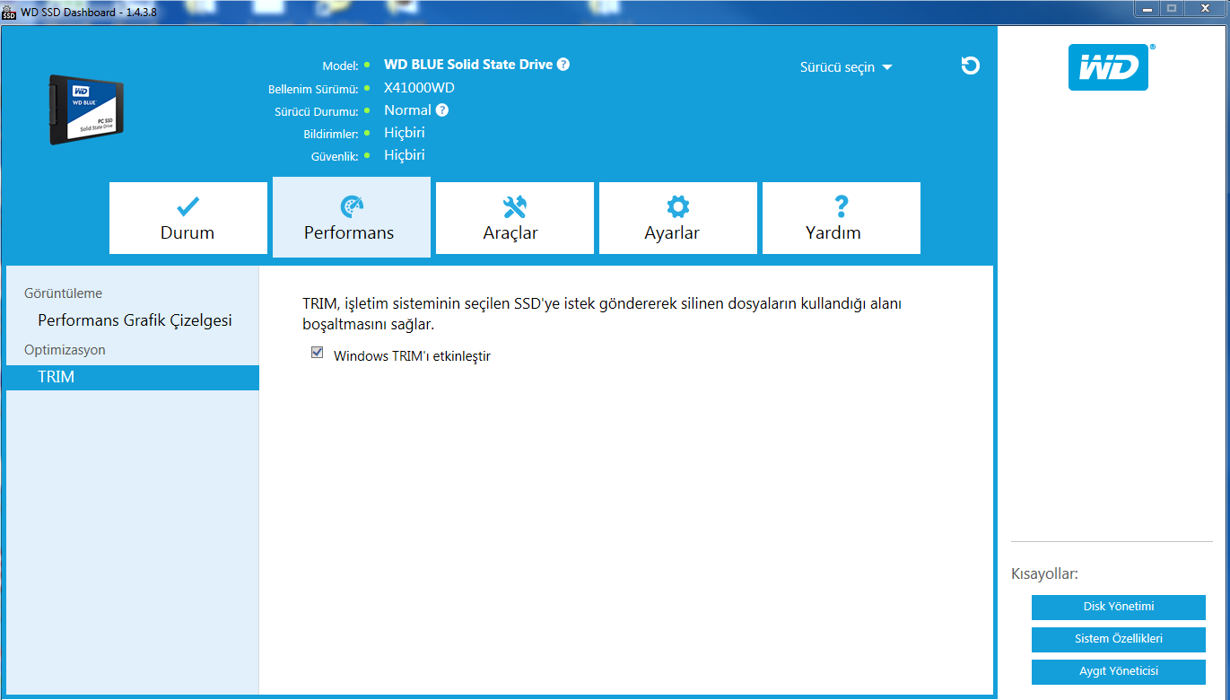 Performans TRIM TRIM fonksiyonu silinen dosyalar tarafından kullanılan SSD'de boş alan açar. WD, TRIM'in haftalık düzende çalıştırılmasını önerir.