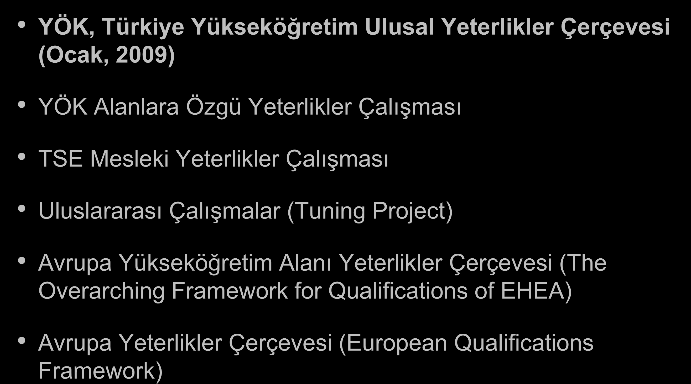 İlk Kaynaklar YÖK, Türkiye Yükseköğretim Ulusal Yeterlikler Çerçevesi (Ocak, 2009) YÖK Alanlara Özgü Yeterlikler Çalışması TSE Mesleki Yeterlikler Çalışması Uluslararası Çalışmalar