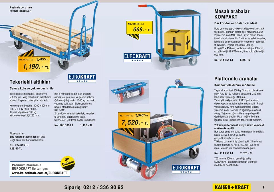 Pratik itme kolu, vidalanabilir. 2 döner ve sabit tekerlek, içi dolu iz bırakmayan lastik tekerlekler, tekerlek Ø 125 mm. Taşıma kapasitesi 200 kg.