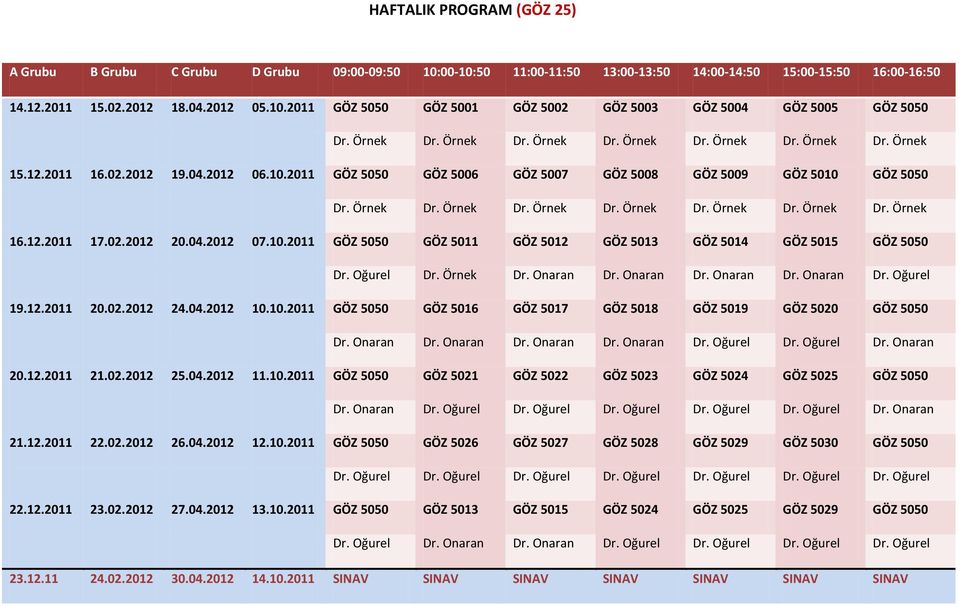 12.2011 17.02.2012 20.04.2012 07.10.2011 GÖZ 5050 GÖZ 5011 GÖZ 5012 GÖZ 5013 GÖZ 5014 GÖZ 5015 GÖZ 5050 Dr. Oğurel Dr. Örnek Dr. Onaran Dr. Onaran Dr. Onaran Dr. Onaran Dr. Oğurel 19.12.2011 20.02.2012 24.