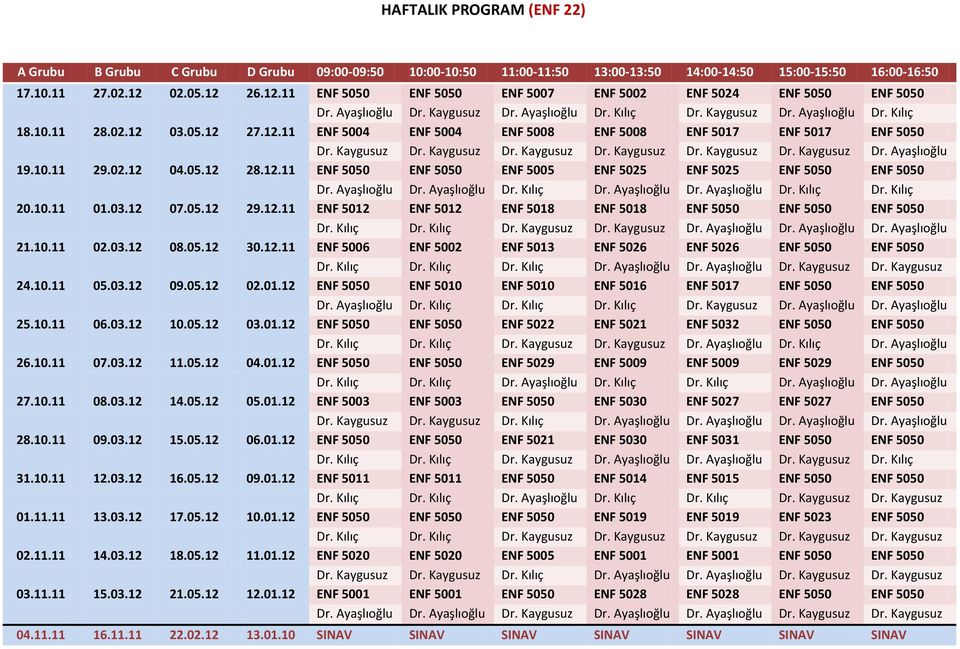 12.11 ENF 5004 ENF 5004 ENF 5008 ENF 5008 ENF 5017 ENF 5017 ENF 5050 Dr. Kaygusuz Dr. Kaygusuz Dr. Kaygusuz Dr. Kaygusuz Dr. Kaygusuz Dr. Kaygusuz Dr. Ayaşlıoğlu 19.10.11 29.02.12 04.05.12 28.12.11 ENF 5050 ENF 5050 ENF 5005 ENF 5025 ENF 5025 ENF 5050 ENF 5050 Dr.