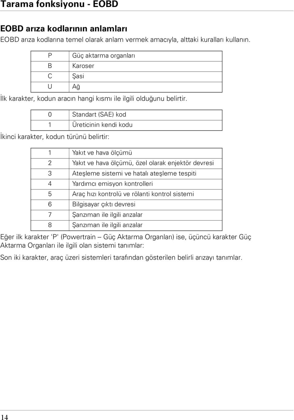 0 Standart (SAE) kod 1 Üreticinin kendi kodu İkinci karakter, kodun türünü belirtir: 1 Yakıt ve hava ölçümü 2 Yakıt ve hava ölçümü, özel olarak enjektör devresi 3 Ateşleme sistemi ve hatalı ateşleme