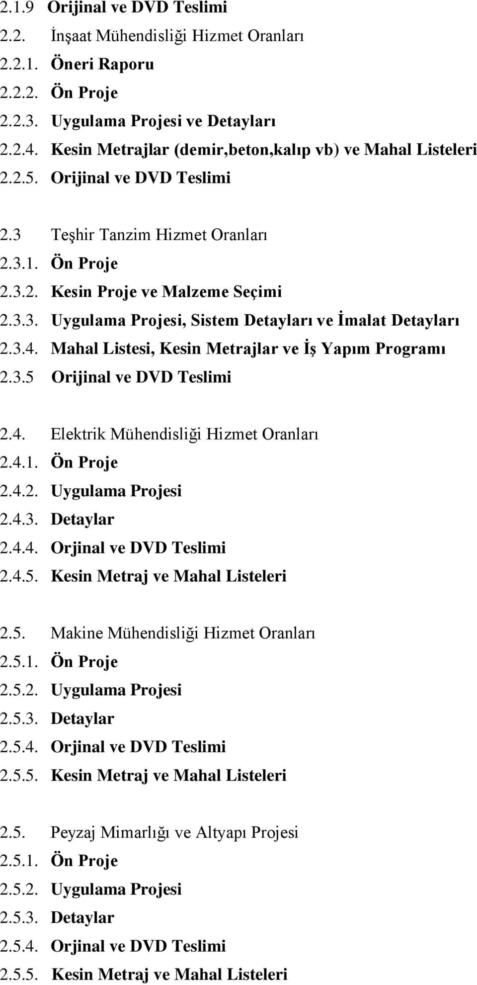 3.4. Mahal Listesi, Kesin Metrajlar ve İş Yapım Programı 2.3.5 Orijinal ve DVD Teslimi 2.4. Elektrik Mühendisliği Hizmet Oranları 2.4.1. Ön Proje 2.4.2. Uygulama Projesi 2.4.3. Detaylar 2.4.4. Orjinal ve DVD Teslimi 2.