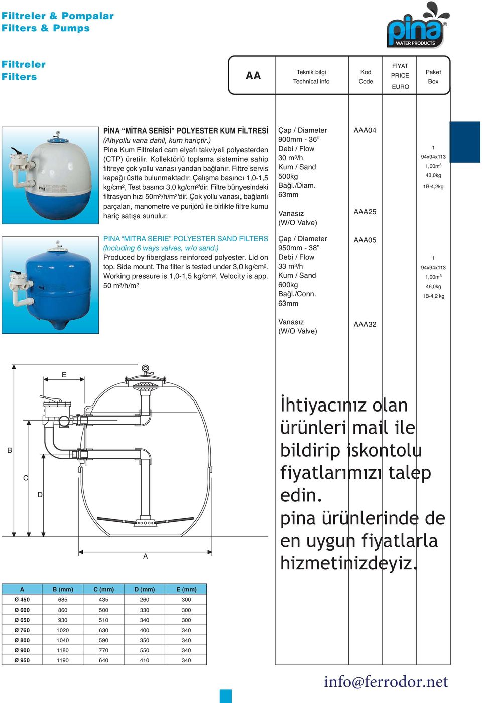 Çalışma basıncı 1,0-1,5 kg/cm 2, Test basıncı 3,0 kg/cm 2 'dir. Filtre bünyesindeki filtrasyon hızı 50m 3 /h/m 2 'dir.