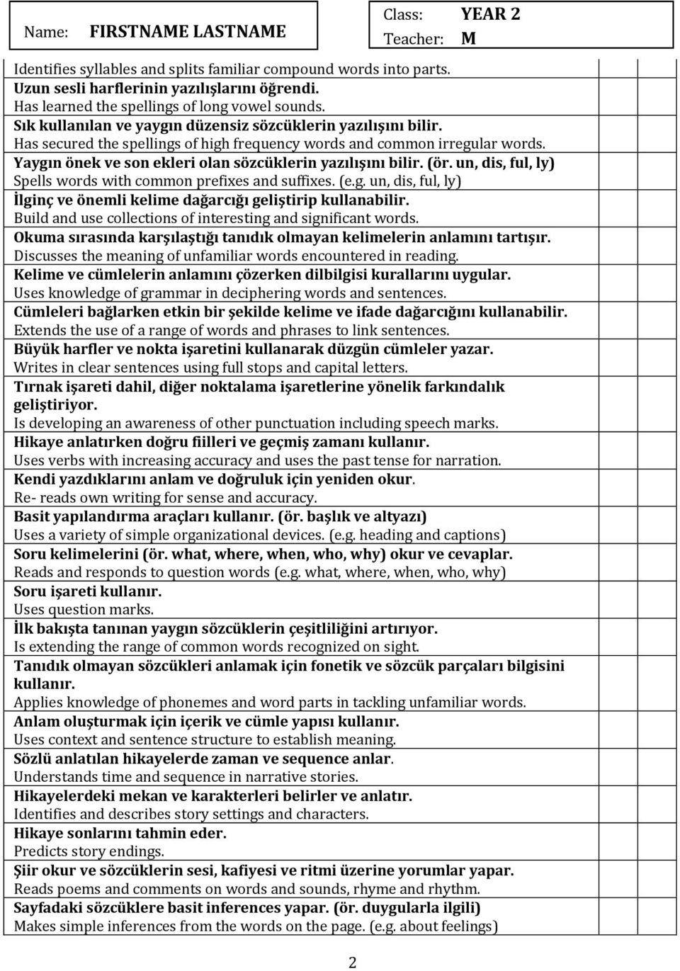 Yaygın önek ve son ekleri olan sözcüklerin yazılışını bilir. (ör. un, dis, ful, ly) Spells words with common prefixes and suffixes. (e.g. un, dis, ful, ly) İlginç ve önemli kelime dağarcığı geliştirip kullanabilir.