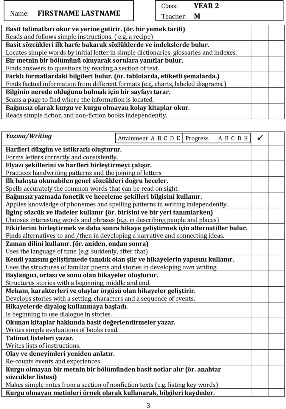 Finds answers to questions by reading a section of text. Farklı formatlardaki bilgileri bulur. (ör. tablolarda, etiketli şemalarda.) Finds factual information from different formats (e.g. charts, labeled diagrams.