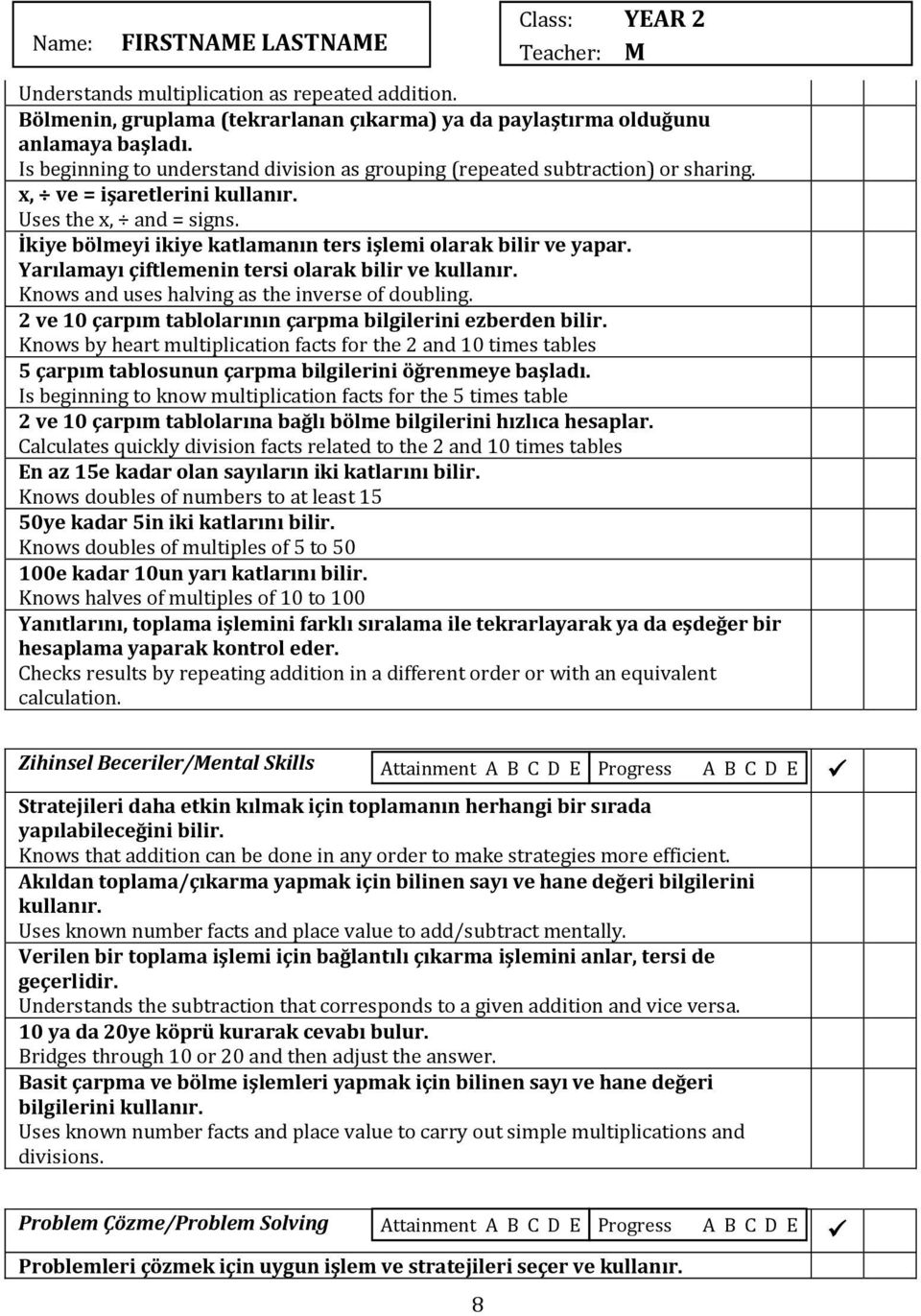 İkiye bölmeyi ikiye katlamanın ters işlemi olarak bilir ve yapar. Yarılamayı çiftlemenin tersi olarak bilir ve kullanır. Knows and uses halving as the inverse of doubling.