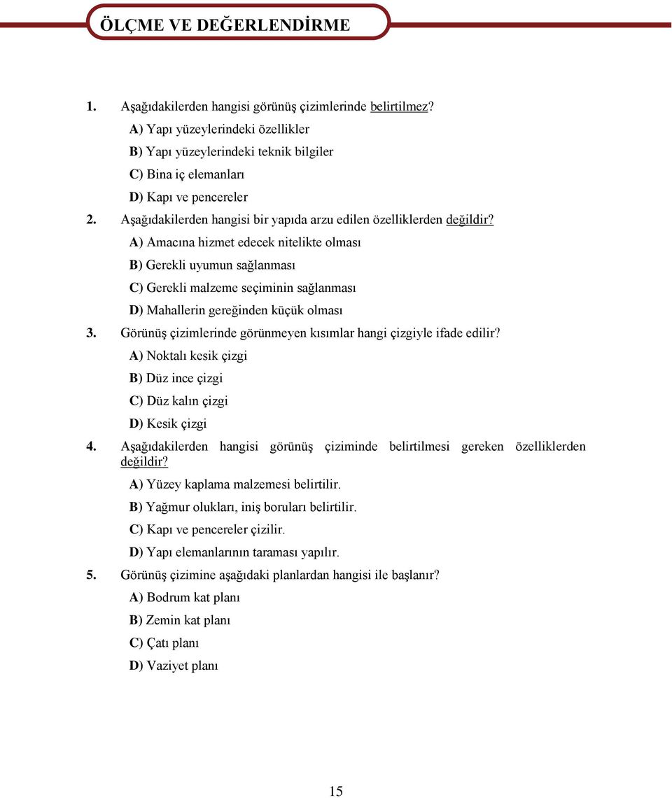 A) Amacına hizmet edecek nitelikte olması B) Gerekli uyumun sağlanması C) Gerekli malzeme seçiminin sağlanması D) Mahallerin gereğinden küçük olması 3.