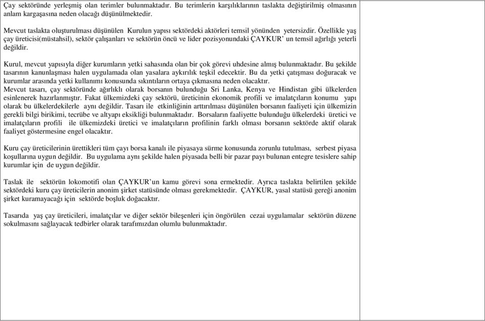 Özellikle yaş çay üreticisi(müstahsil), sektör çalışanları ve sektörün öncü ve lider pozisyonundaki ÇAYKUR un temsil ağırlığı yeterli değildir.