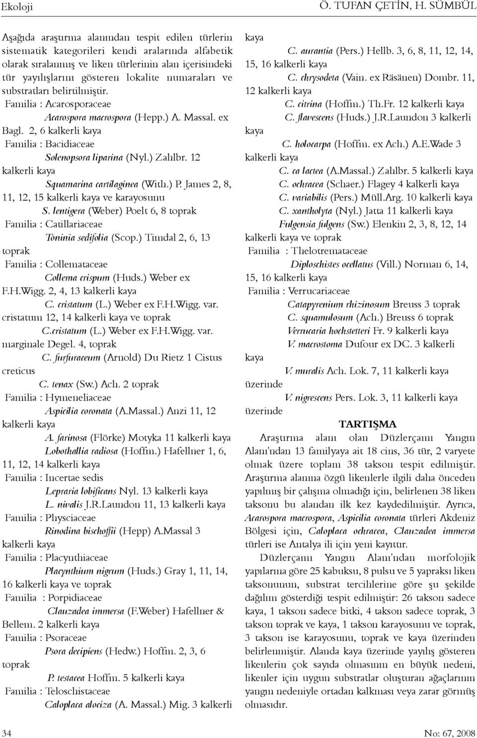 lokalite numaralarý ve substratlarý belirtilmiþtir. Familia : Acarosporaceae Acarospora macrospora (Hepp.) A. Massal. ex Bagl. 2, 6 Familia : Bacidiaceae Solenopsora liparina (Nyl.) Zahlbr.