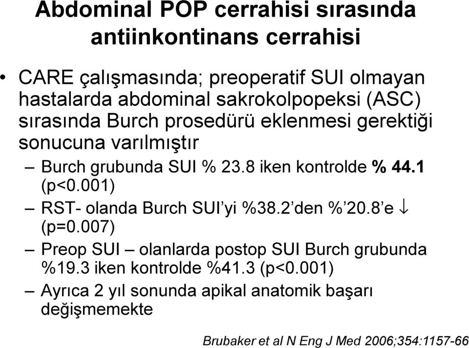 8 iken kontrolde % 44.1 (p<0.001) RST- olanda Burch SUI yi %38.2 den % 20.8 e (p=0.