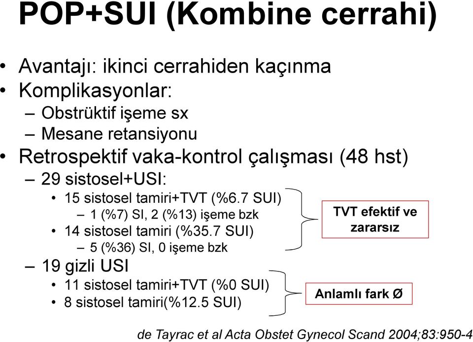 7 SUI) 1 (%7) SI, 2 (%13) işeme bzk 14 sistosel tamiri (%35.