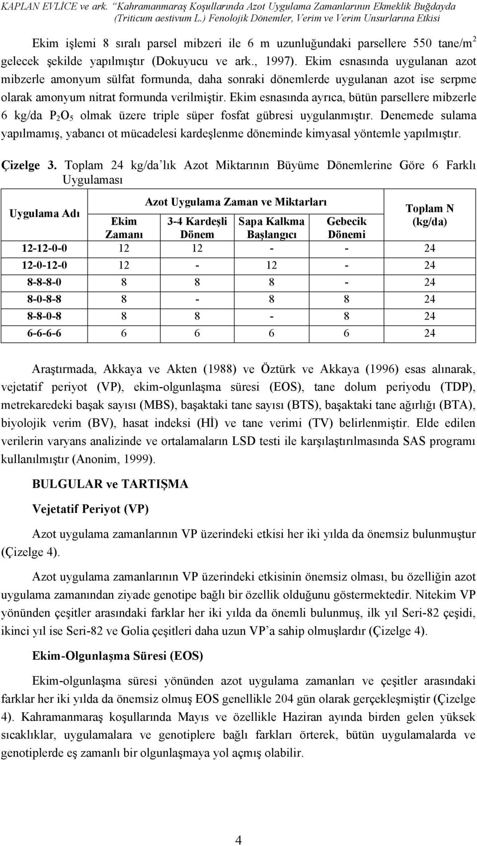 Ekim esnasında uygulanan azot mibzerle amonyum sülfat formunda, daha sonraki dönemlerde uygulanan azot ise serpme olarak amonyum nitrat formunda verilmiştir.