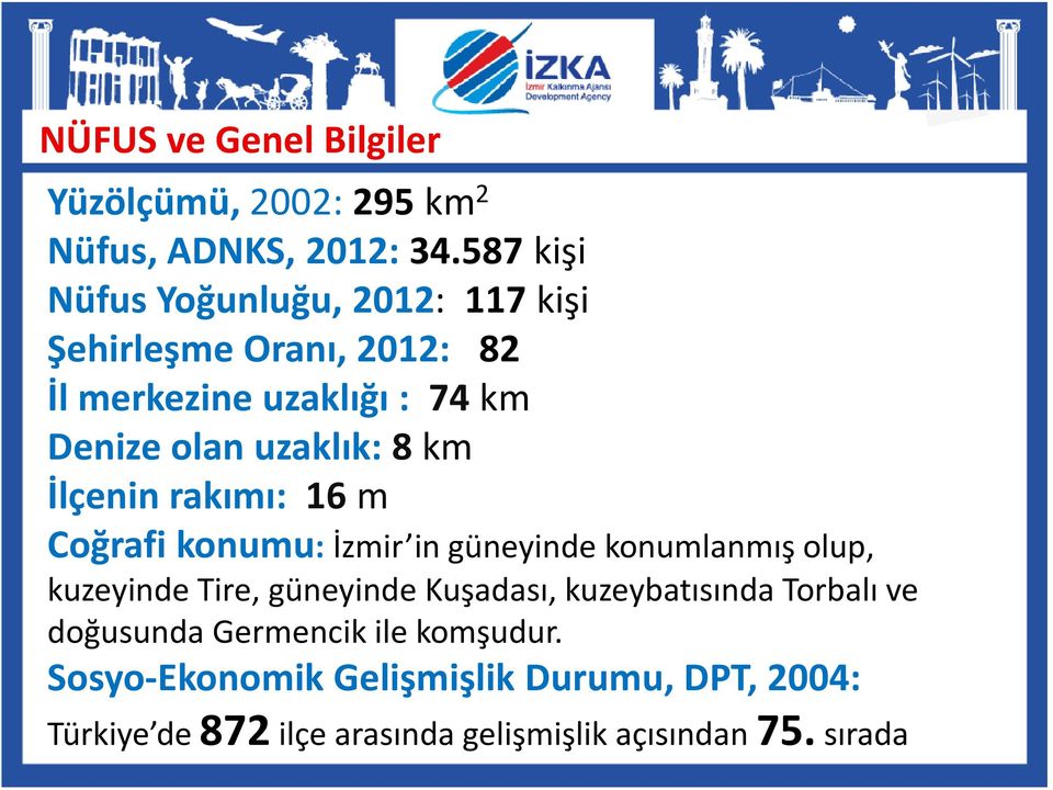 uzaklık: 8 km İlçenin rakımı: 16 m Coğrafi konumu: İzmir in güneyinde konumlanmış olup, kuzeyinde Tire, güneyinde