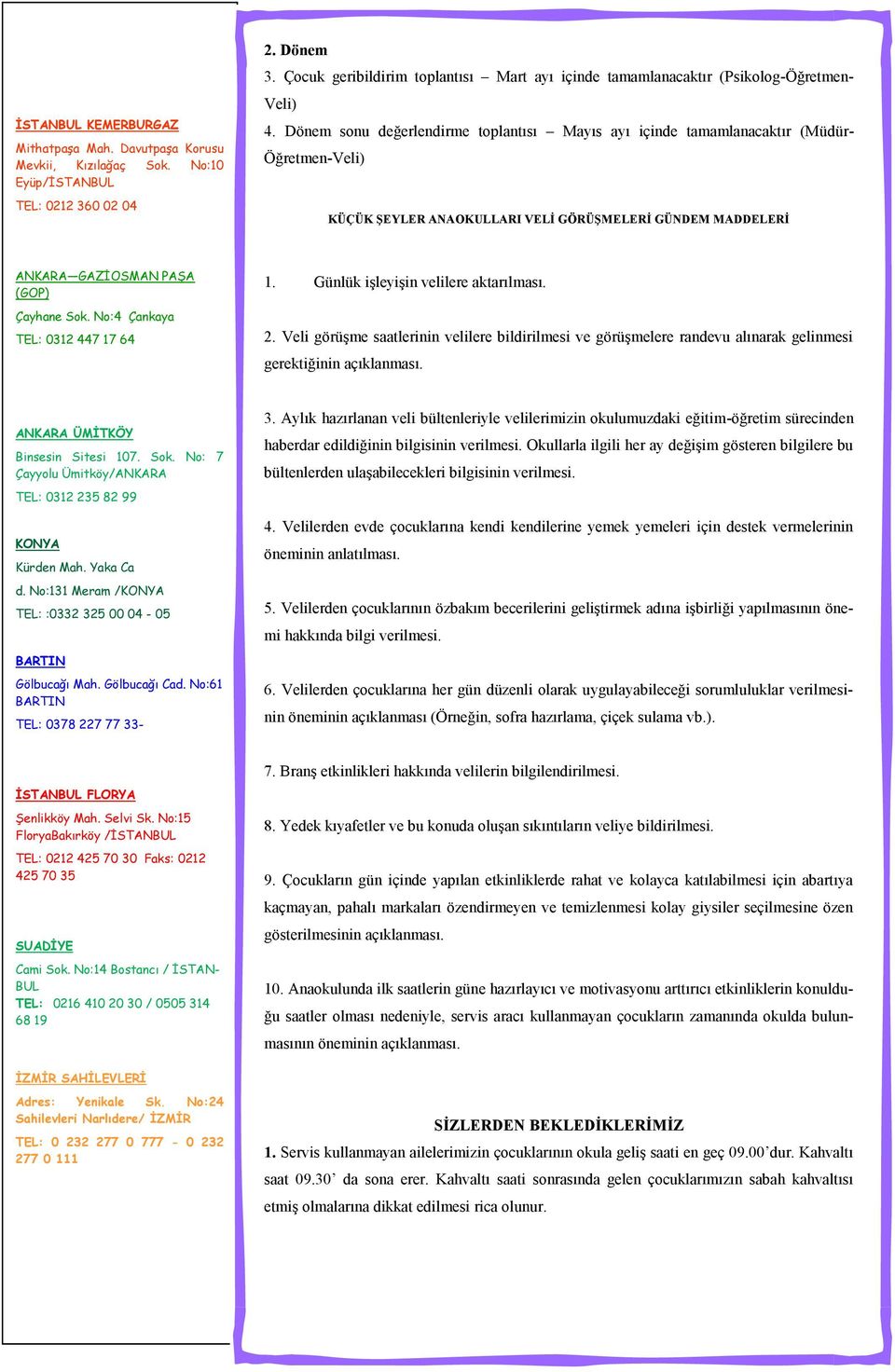 Dönem sonu değerlendirme toplantısı Mayıs ayı içinde tamamlanacaktır (Müdür- Öğretmen-Veli) KÜÇÜK ŞEYLER ANAOKULLARI VELİ GÖRÜŞMELERİ GÜNDEM MADDELERİ ANKARA GAZİOSMAN PAŞA (GOP) Çayhane Sok.