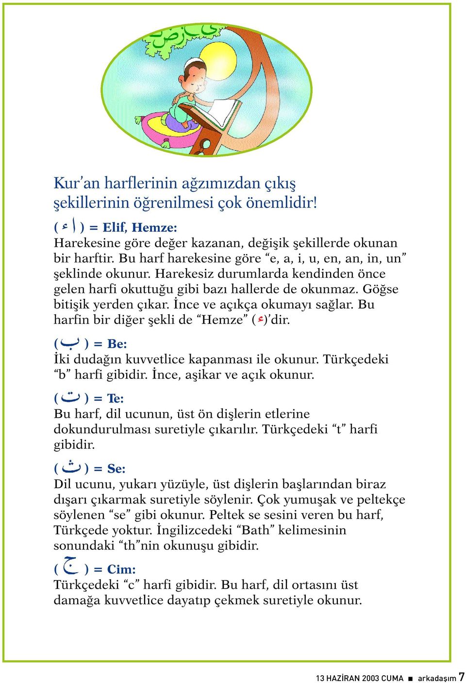 Ýnce ve açýkça okumayý saðlar. Bu harfin bir diðer þekli de Hemze ( ) dir. ( ) = Be: Ýki dudaðýn kuvvetlice kapanmasý ile okunur. Türkçedeki b harfi gibidir. Ýnce, aþikar ve açýk okunur.