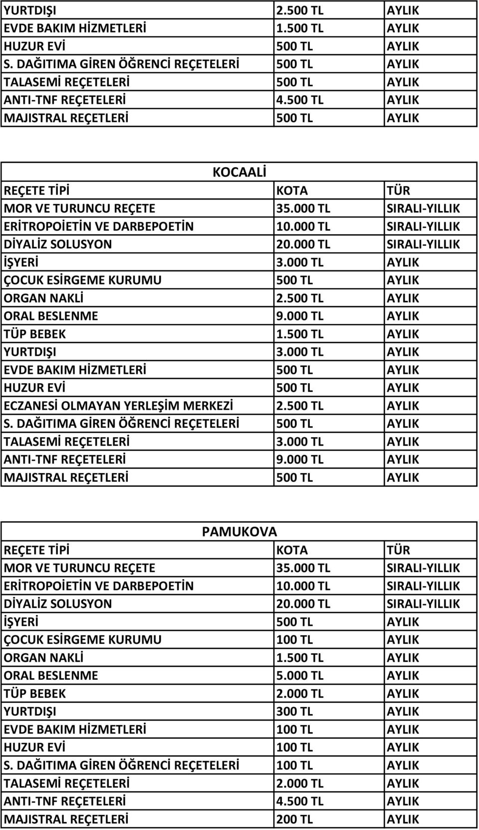 000 TL AYLIK PAMUKOVA İŞYERİ 500 TL AYLIK ÇOCUK ESİRGEME KURUMU 100 TL AYLIK YURTDIŞI 300 TL AYLIK EVDE BAKIM