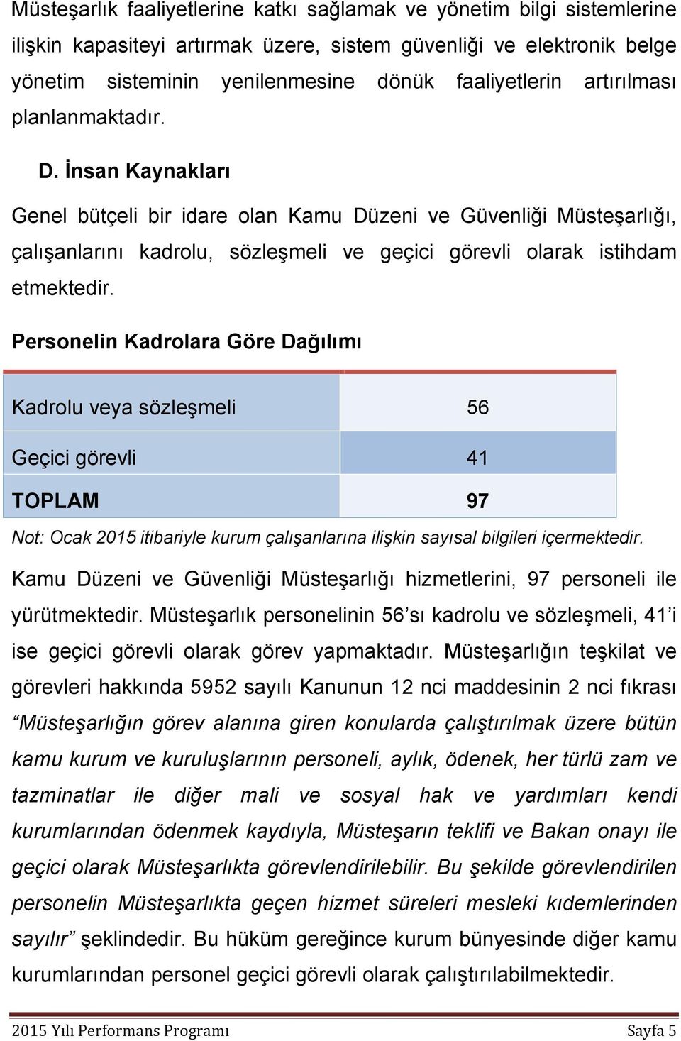 Personelin Kadrolara Göre Dağılımı Kadrolu veya sözleşmeli 6 Geçici görevli TOPLAM 97 Not: Ocak 0 itibariyle kurum çalışanlarına ilişkin sayısal bilgileri içermektedir.