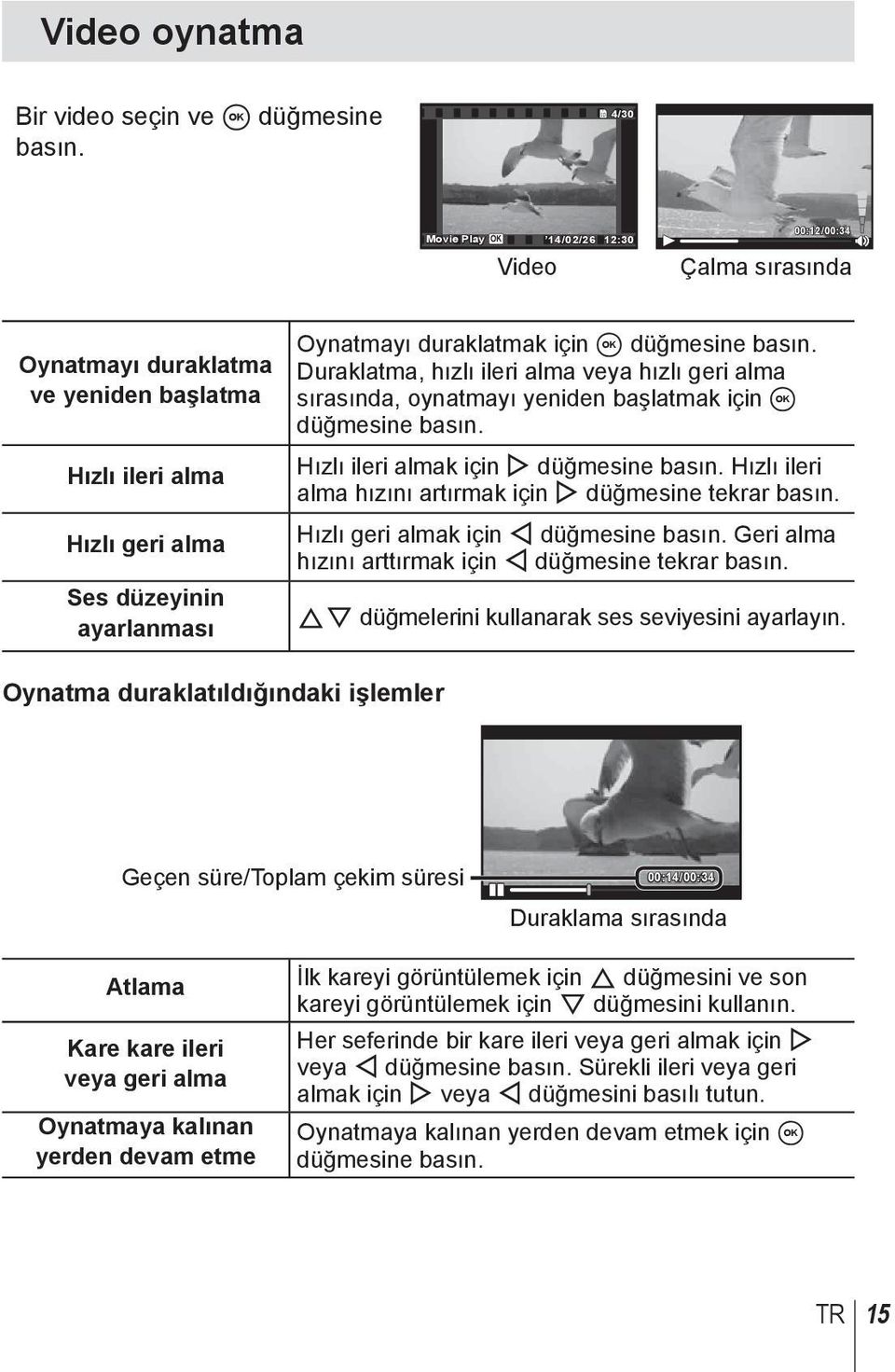 düğmesine basın. Duraklatma, hızlı ileri alma veya hızlı geri alma sırasında, oynatmayı yeniden başlatmak için A düğmesine basın. Hızlı ileri almak için I düğmesine basın.