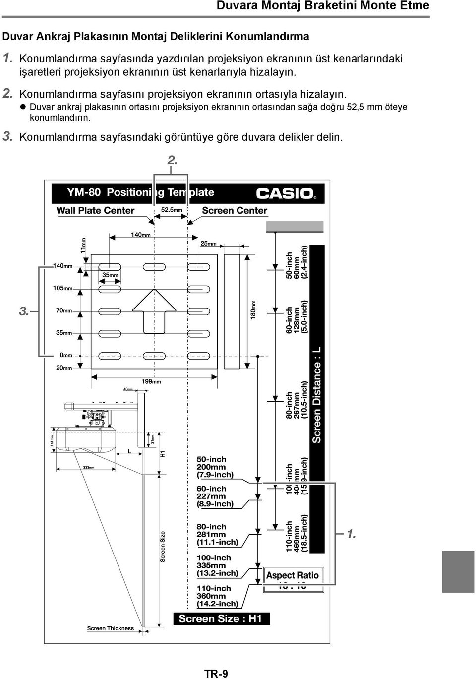 kenarlarıyla hizalayın. 2. Konumlandırma sayfasını projeksiyon ekranının ortasıyla hizalayın.