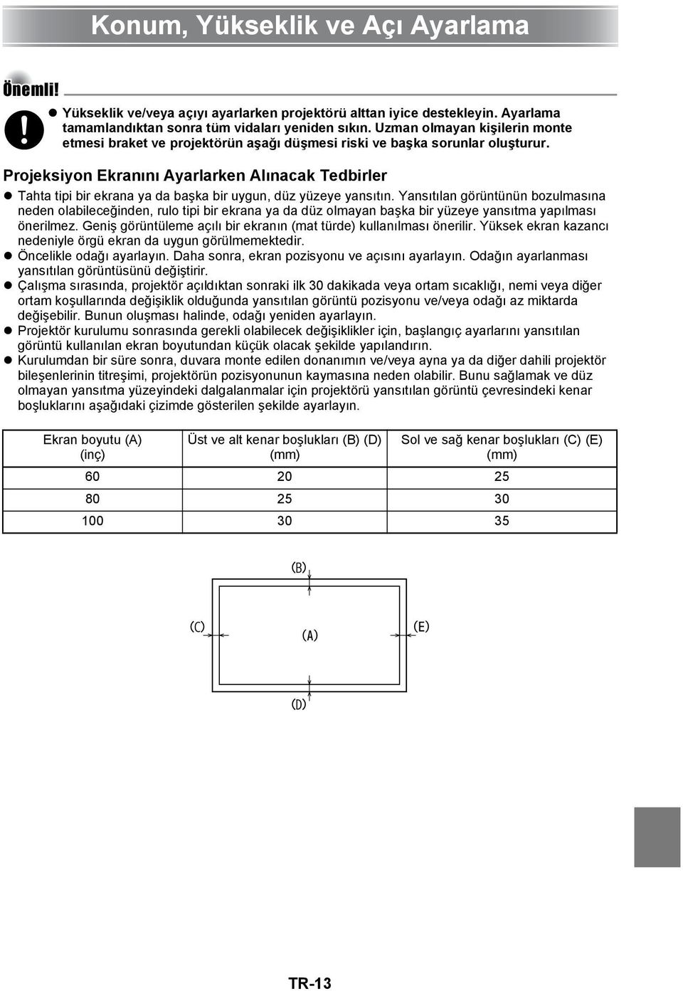 Projeksiyon Ekranını Ayarlarken Alınacak Tedbirler Tahta tipi bir ekrana ya da başka bir uygun, düz yüzeye yansıtın.