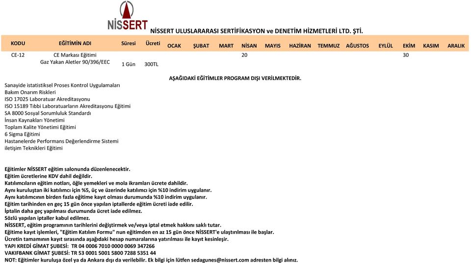 EĞİTİMLER PROGRAM DIŞI VERİLMEKTEDİR. 20 30 Eğitimler NİSSERT eğitim salonunda düzenlenecektir. Eğitim ücretlerine KDV dahil değildir.