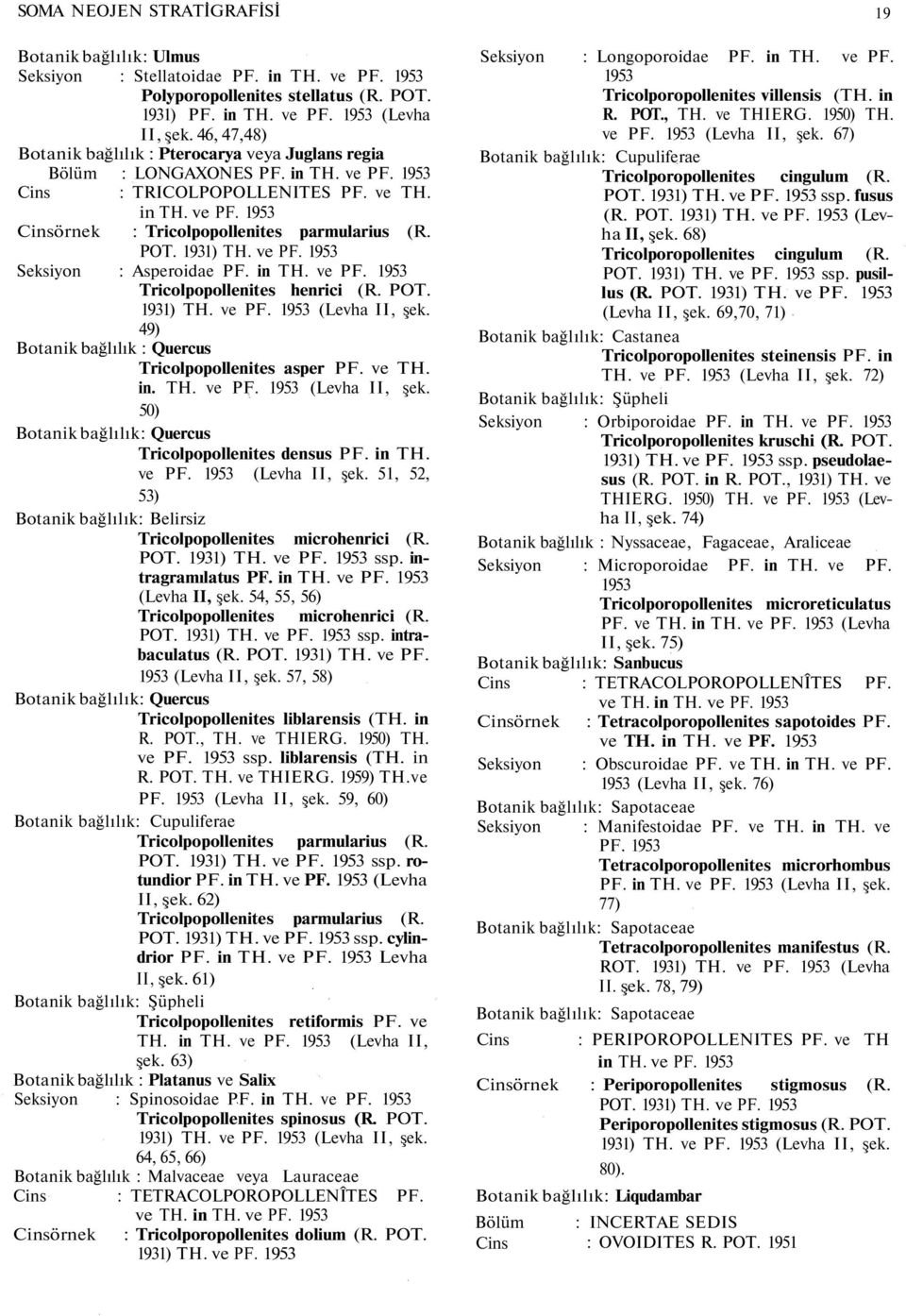 1931) 1953 Seksiyon : Asperoidae PF. in 1953 Tricolpopollenites henrici (R. POT. 1931) 1953 (Levha II, şek. 49) Botanik bağlılık : Quercus Tricolpopollenites asper PF. ve TH. in. 1953 (Levha II, şek. 50) Botanik bağlılık: Quercus Tricolpopollenites densus PF.