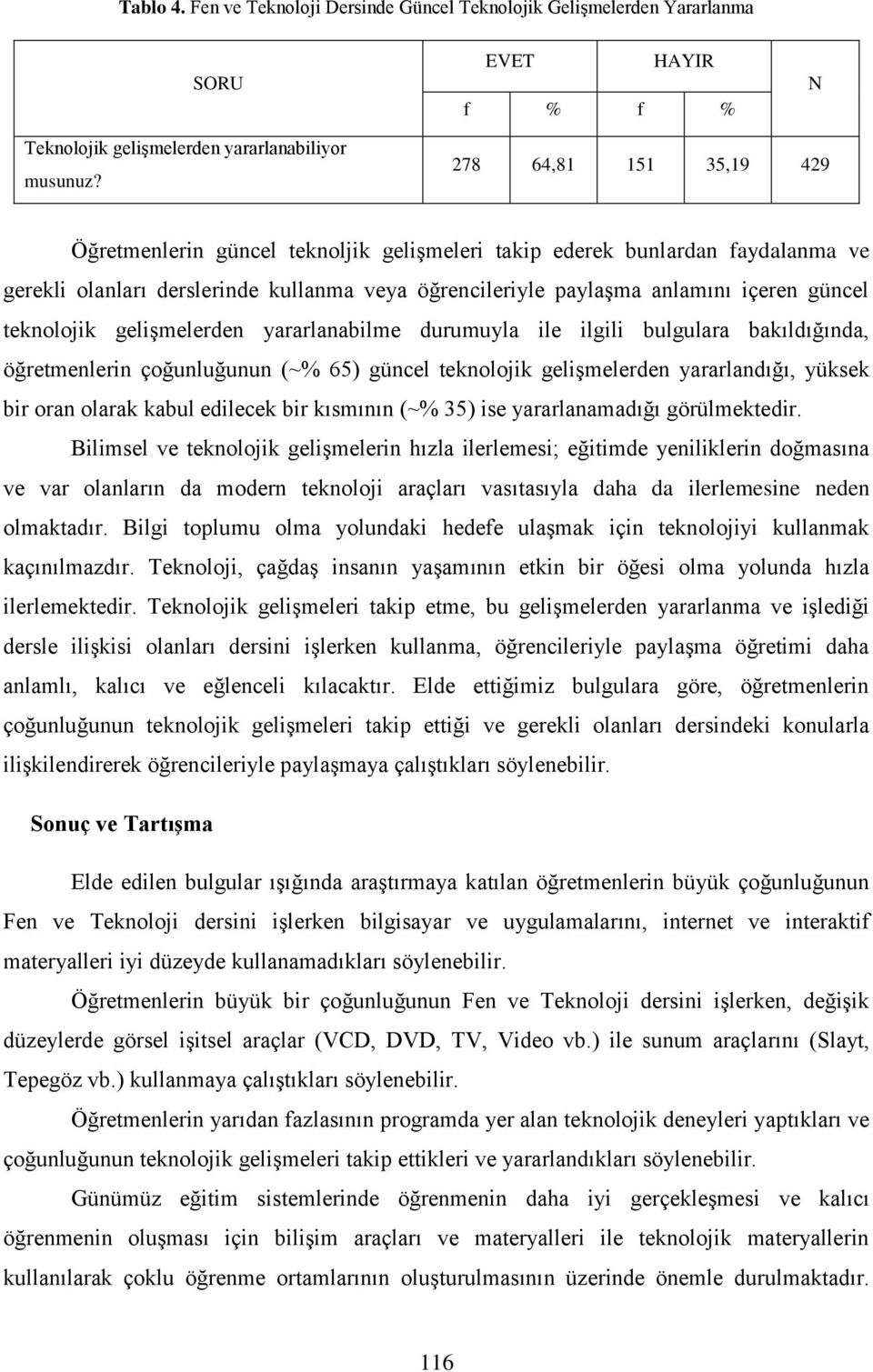 teknolojik gelişmelerden yararlanabilme durumuyla ile ilgili bulgulara bakıldığında, öğretmenlerin çoğunluğunun (~% 65) güncel teknolojik gelişmelerden yararlandığı, yüksek bir oran olarak kabul