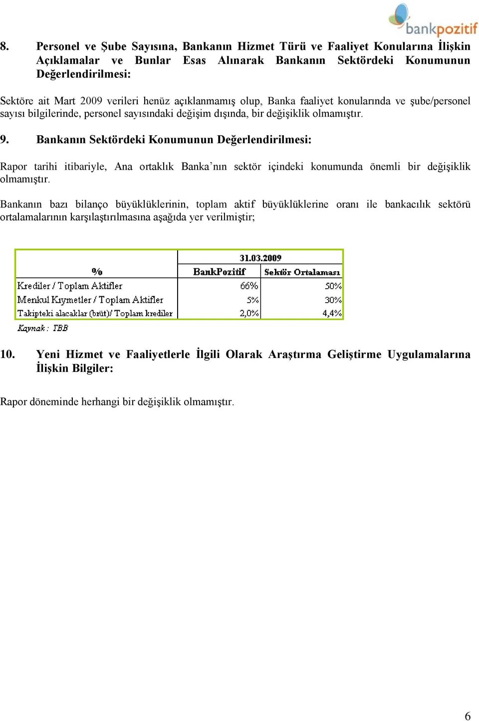 Bankanın Sektördeki Konumunun Değerlendirilmesi: Rapor tarihi itibariyle, Ana ortaklık Banka nın sektör içindeki konumunda önemli bir değişiklik olmamıştır.