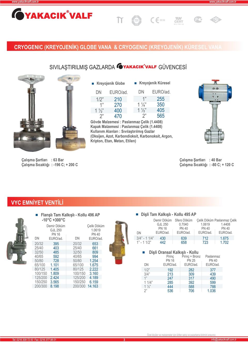 48) Kullanım Alanları : ıvılaştırılmış Gazlar (Oksijen, Azot, Karbondioksit, Karbonoksit, Argon, Kripton, Etan, Metan, Etilen) Çalışma Şartları : 63 Bar Çalışma ıcaklığı : 196 ; + Çalışma Şartları :