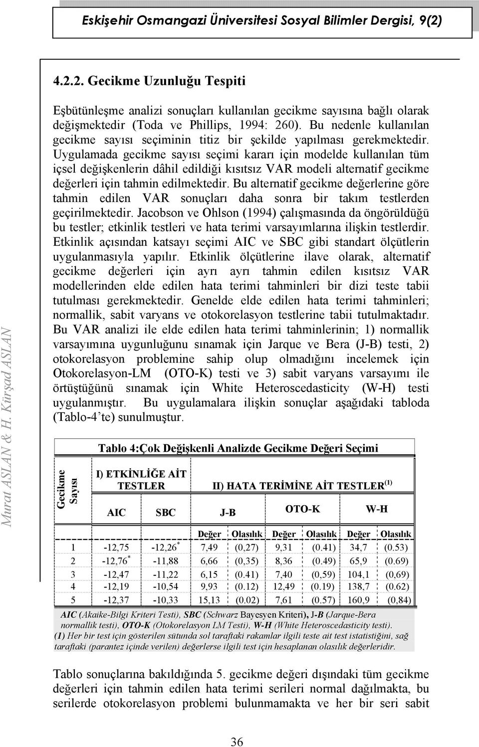 Uygulamada gecikme sayısı seçimi kararı için modelde kullanılan üm içsel değişkenlerin dâhil edildiği kısısız VAR modeli alernaif gecikme değerleri için ahmin edilmekedir.