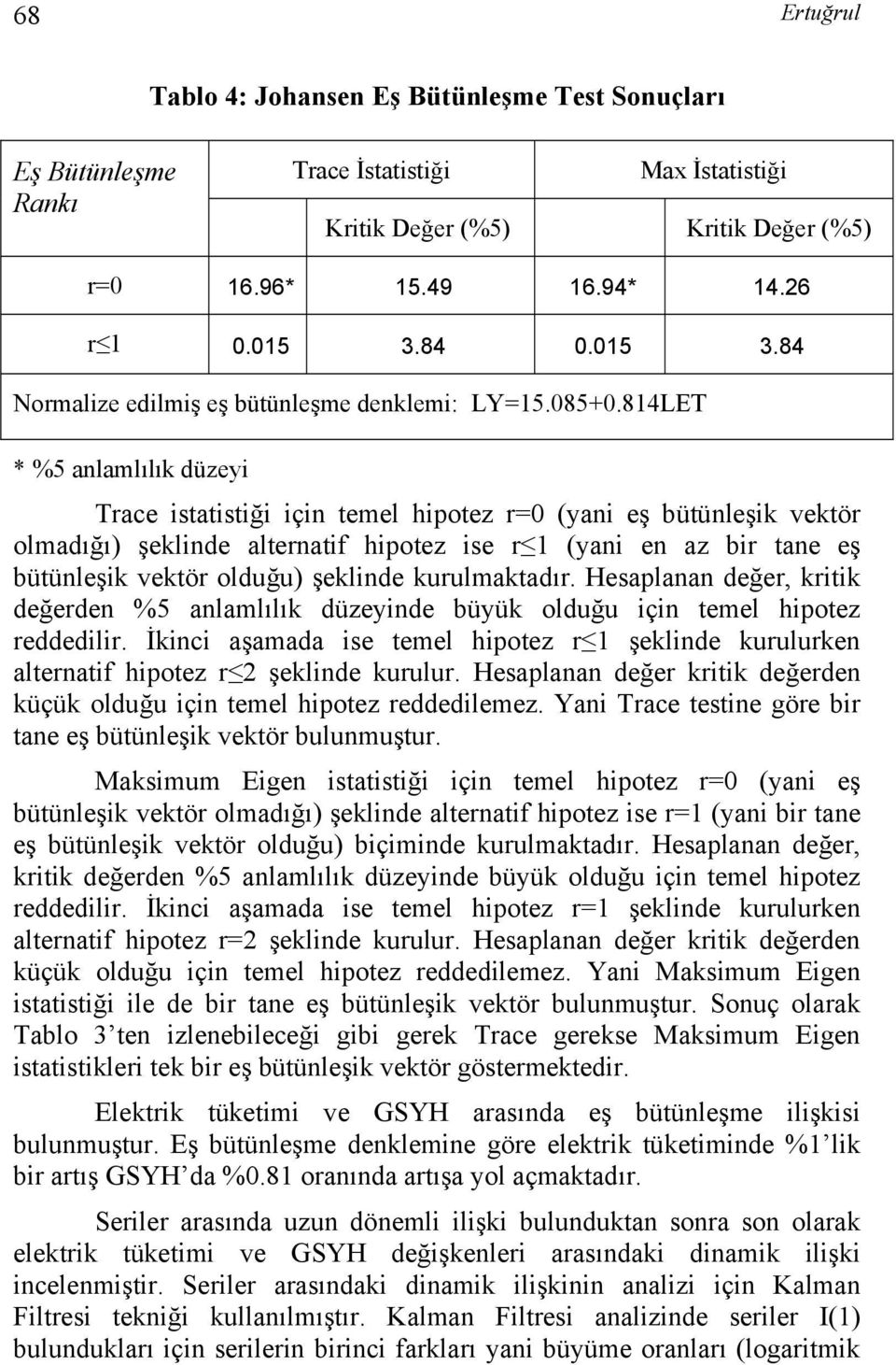 814LET * %5 anlamlılık düzeyi Trace isaisiği için emel hipoez r=0 (yani eş büünleşik vekör olmadığı) şeklinde alernaif hipoez ise r 1 (yani en az bir ane eş büünleşik vekör olduğu) şeklinde