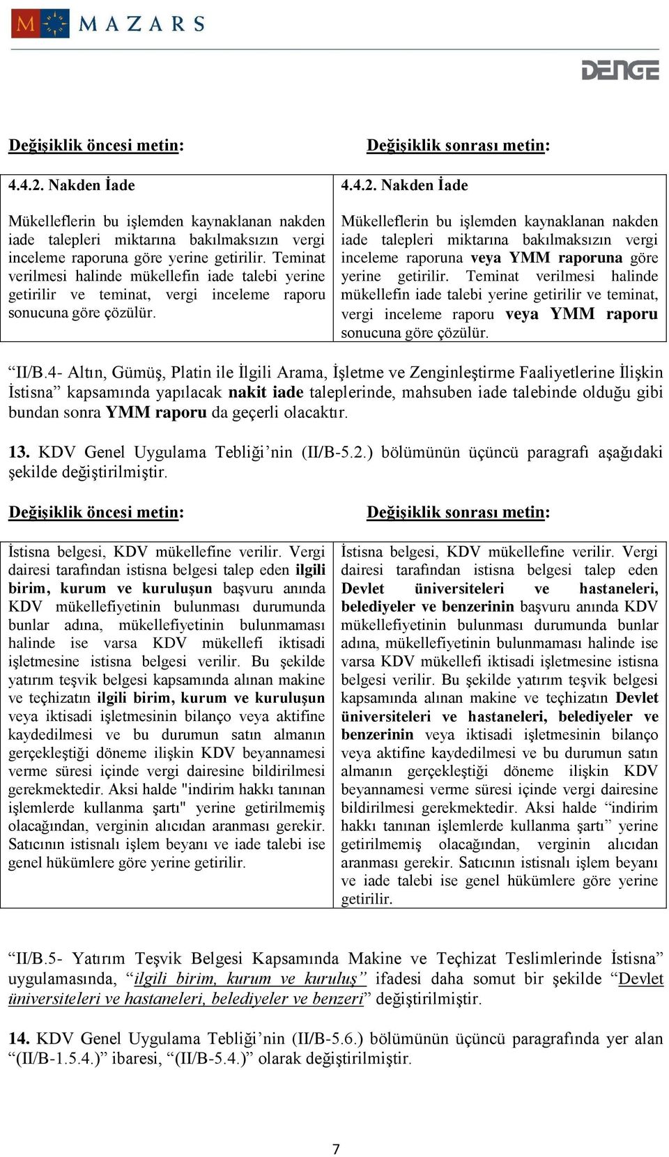 Nakden İade Mükelleflerin bu işlemden kaynaklanan nakden iade talepleri miktarına bakılmaksızın vergi inceleme raporuna veya YMM raporuna göre yerine getirilir.