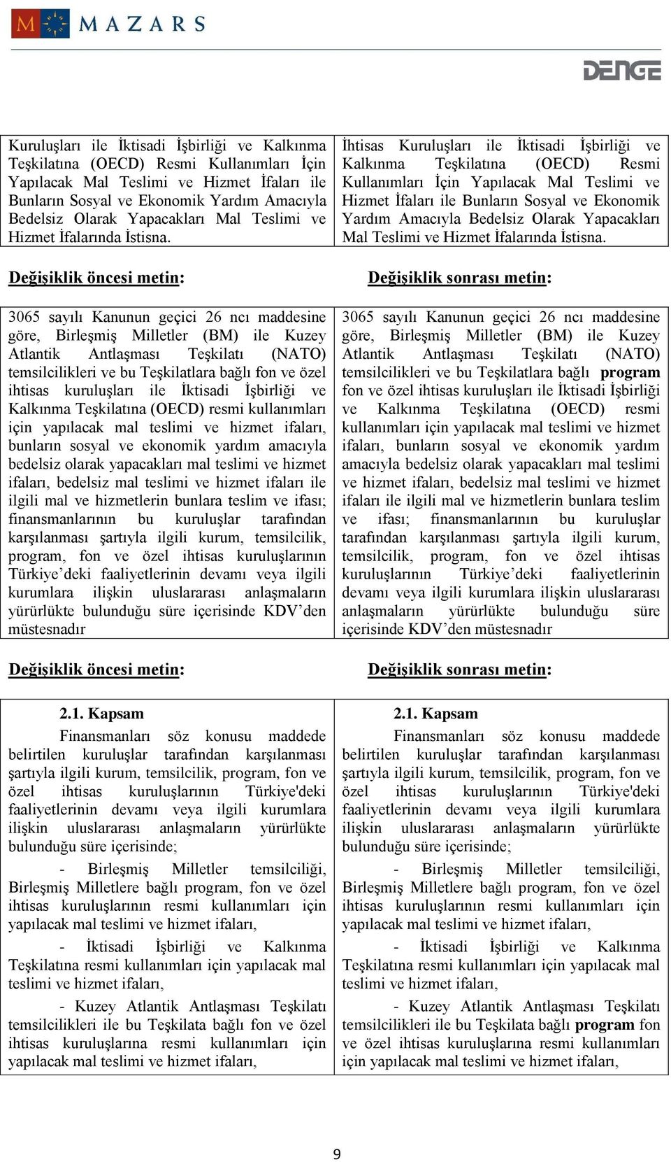 3065 sayılı Kanunun geçici 26 ncı maddesine göre, Birleşmiş Milletler (BM) ile Kuzey Atlantik Antlaşması Teşkilatı (NATO) temsilcilikleri ve bu Teşkilatlara bağlı fon ve özel ihtisas kuruluşları ile