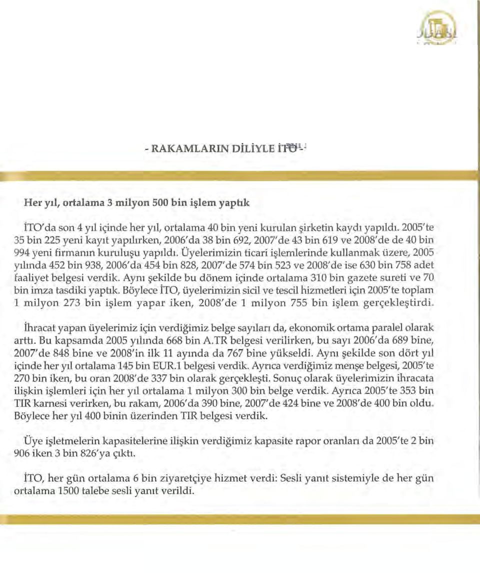 Üyelerimizin ticari işlemlerinde kullanmak üzere, 2005 y ılında 452 bin 938, 2006' da 454 bin 828, 2007' de 574 bin 523 ve 2008' de ise 630 bin 758 adet faaliyet belgesi verdik.