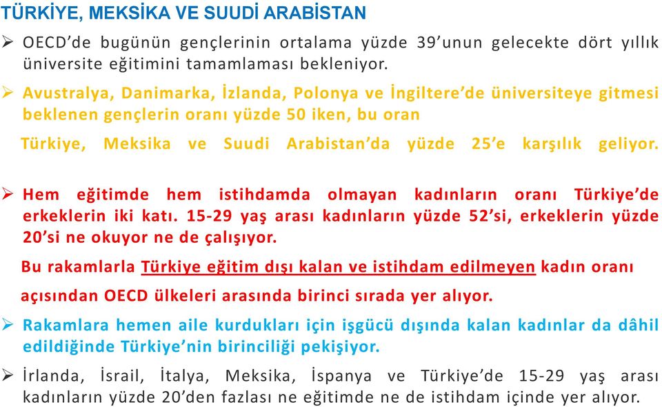 Hem eğitimde hem istihdamda olmayan kadınların oranı Türkiye de erkeklerin iki katı. 15-29 yaş arası kadınların yüzde 52 si, erkeklerin yüzde 20 si ne okuyor ne de çalışıyor.