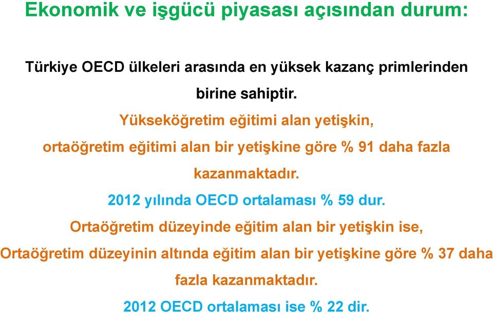 Yükseköğretim eğitimi alan yetişkin, ortaöğretim eğitimi alan bir yetişkine göre % 91 daha fazla kazanmaktadır.