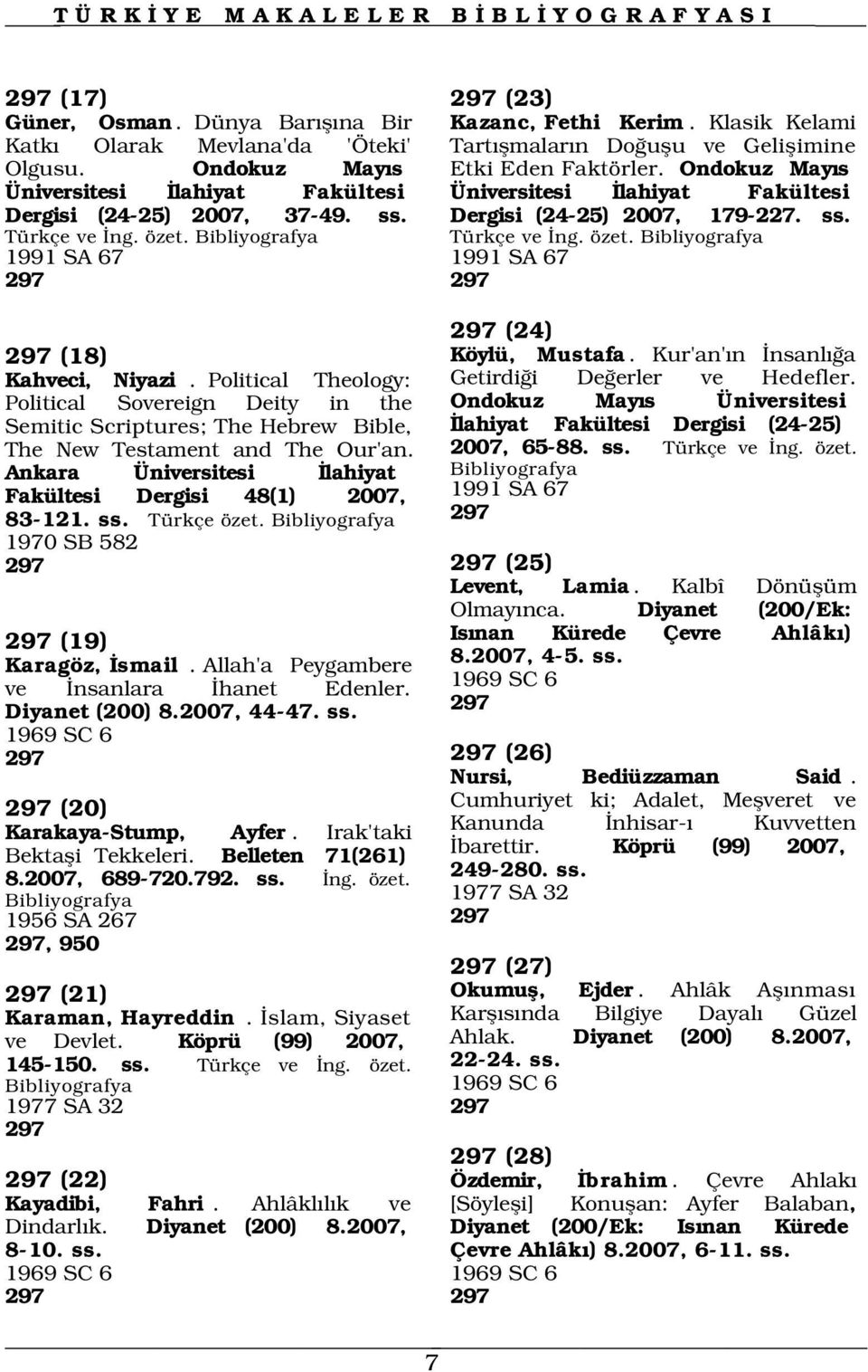 ss. Türkçe ve ng. özet. 297 (24) 297 (18) Köylü, Mustafa. Kur'an' n nsanl a Kahveci, Niyazi. Political Theology: Getirdi i De erler ve Hedefler.