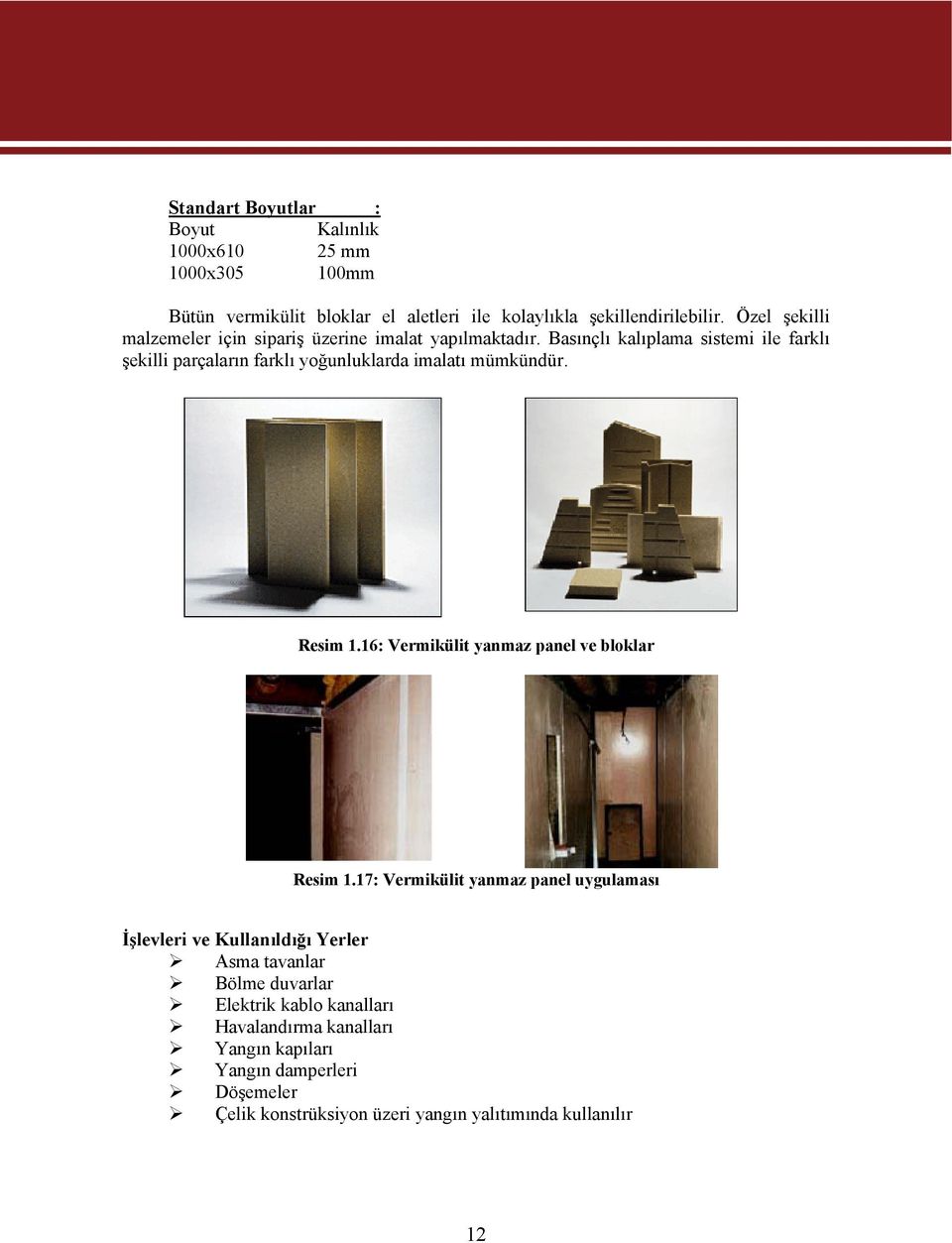 Basınçlı kalıplama sistemi ile farklı şekilli parçaların farklı yoğunluklarda imalatı mümkündür. Resim 1.16: Vermikülit yanmaz panel ve bloklar Resim 1.